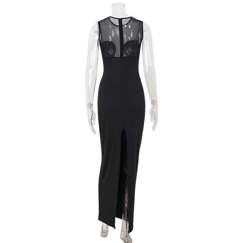 Elegant Sleeveless Bodycon Dress Sheer Mesh Panel Figure Hugging Fit Sophisticated Style Perfect for Red Carpet