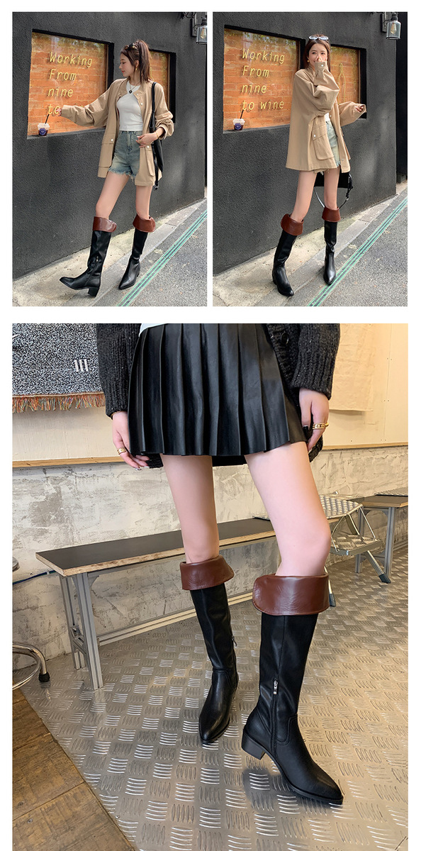 Boot nữ cổ cao quá gối da bò gót thô 5cm mũi nhọn phong cách tối giản — Lớp lót đơn màu đen, Lớp lót đơn màu đỏ neo, Lớp lót nhung đen, Mỏ neo nhung đỏ