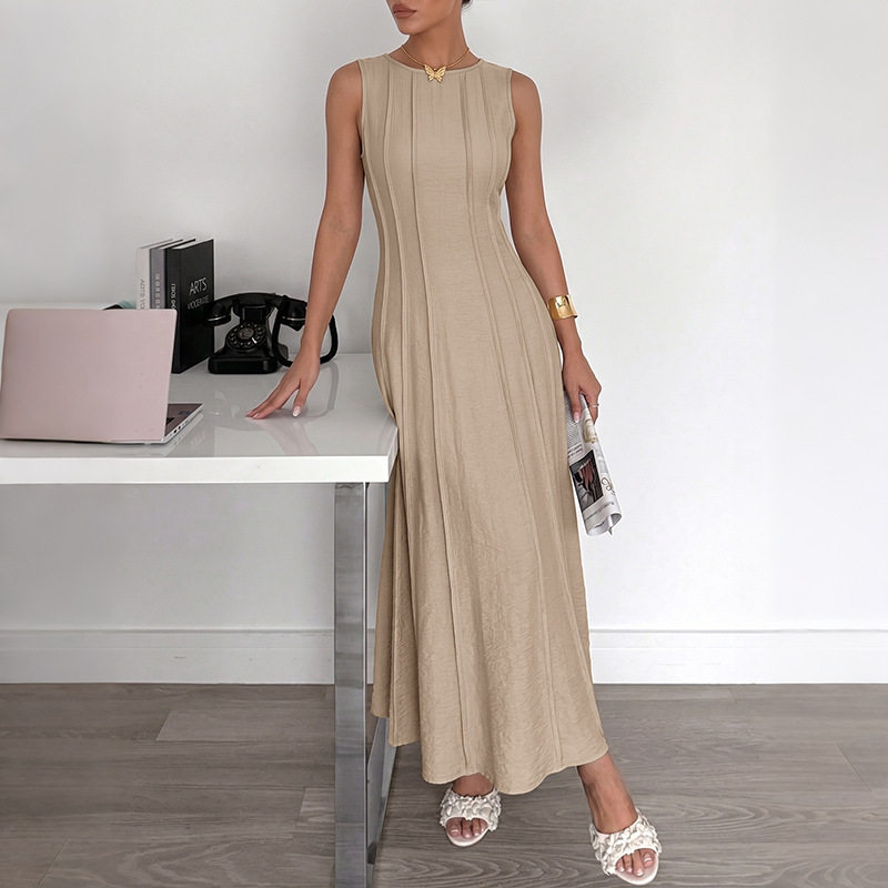 Sleeveless A Line Dress Solid Color Waist Defining Minimalist Design Summer Casual Wear Wholesale Available