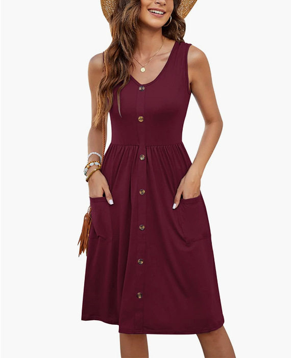 Sleeveless V Neck Dress Solid Color Button Pocket Casual Style Perfect for Summer Events Wholesale Available