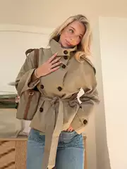 European and American Cross-Border Autumn and Winter New Women's Clothing Amazon Elegant Commuter Stand Collar Double-Breasted Waist Lace-Up Windbreaker Jacket