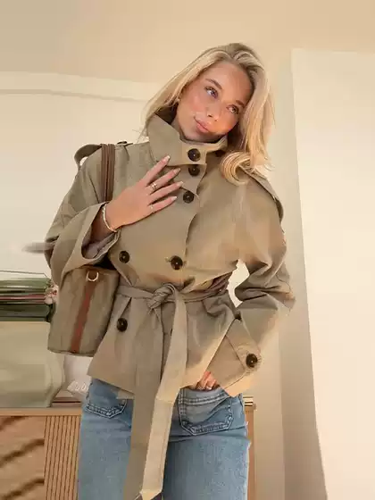 European and American Cross-Border Autumn and Winter New Women's Clothing Amazon Elegant Commuter Stand Collar Double-Breasted Waist Lace-Up Windbreaker Jacket