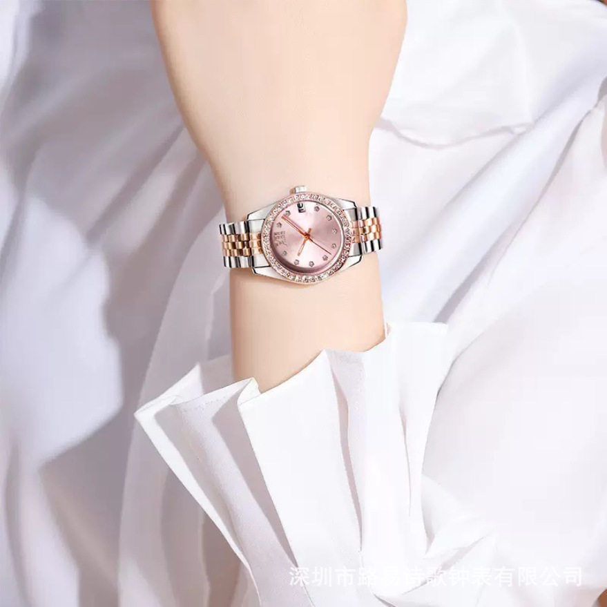 Pink Girl Stainless Steel Women's Watch Quartz Watch Business Dual Calendar Waterproof Watch Large Dial Steel Band Watch Business