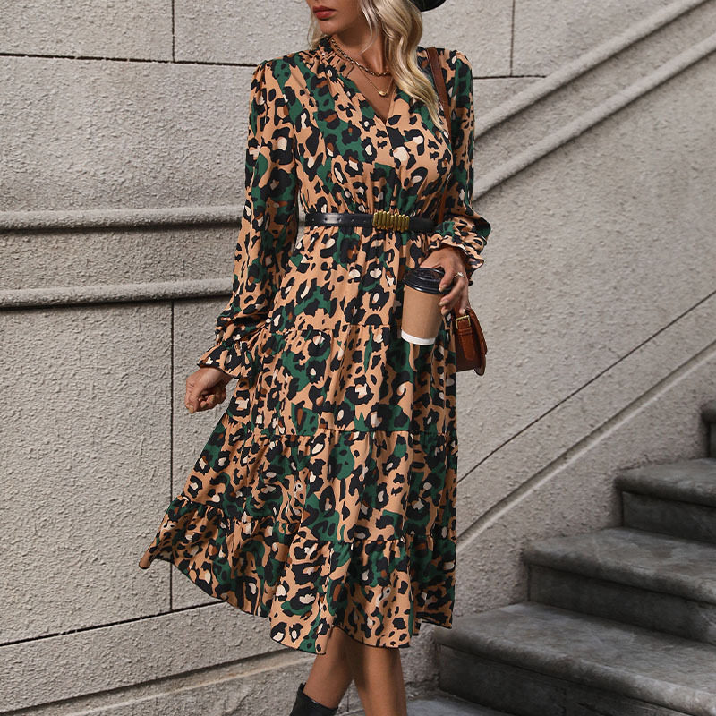 Long Sleeve Leopard Print Dress Mid Length Autumn Fashion Casual Wear Wholesale Available OEM ODM service