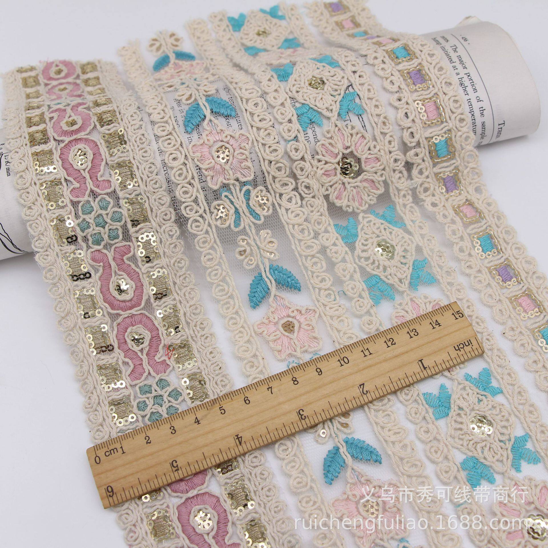 New Ethnic Style Embroider Car Strand Lace Rhombus Sequin Barcode Cotton Thread Strand Rope Embroider Clothing Accessories Han Dynasty Decoration