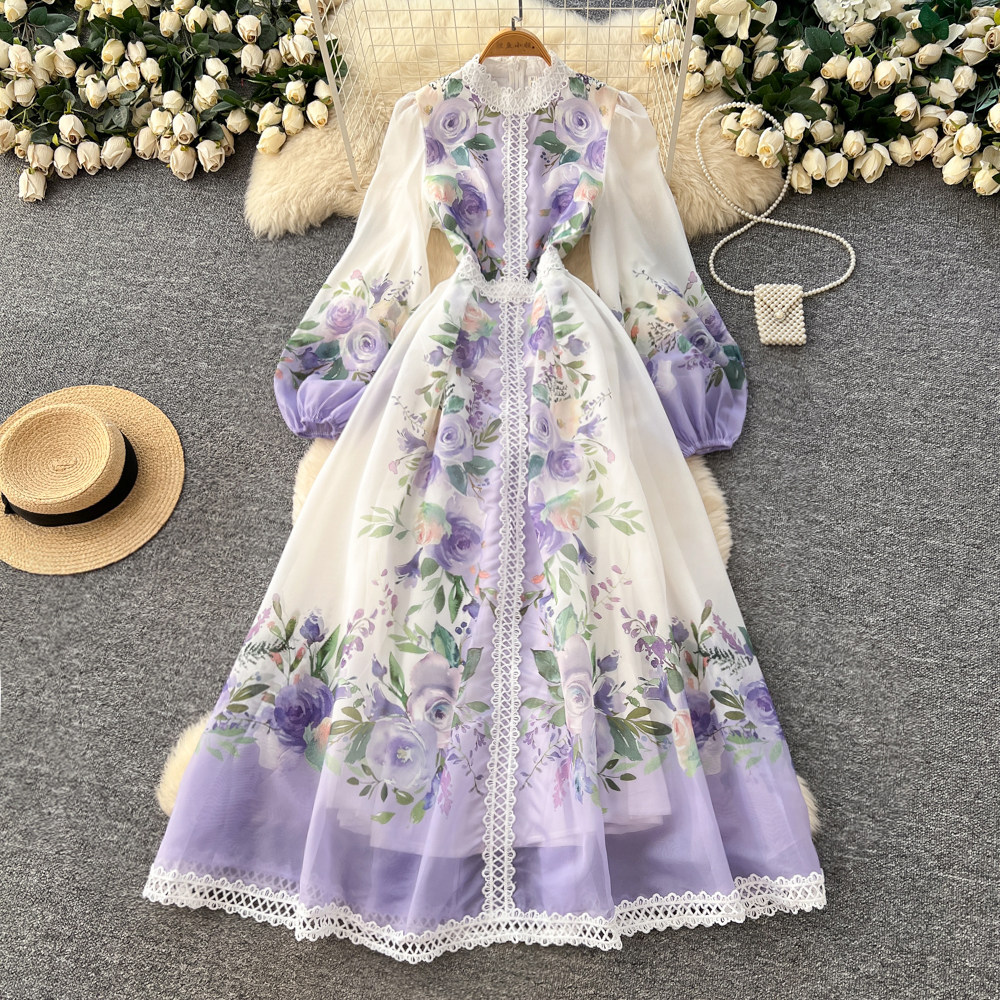 French Vintage Floral Print Dress Long Sleeve Slim Fit A Line Silhouette Romantic Spring Vacation Style Wholesale