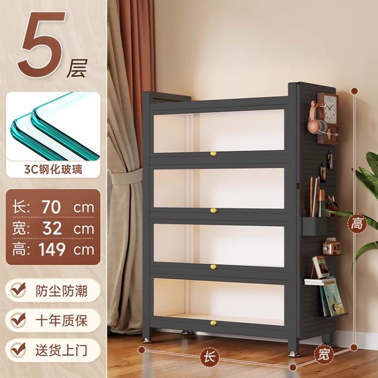 带门玻璃书柜钢制书架落地防尘铁皮手办展示柜家用储物柜收纳柜子