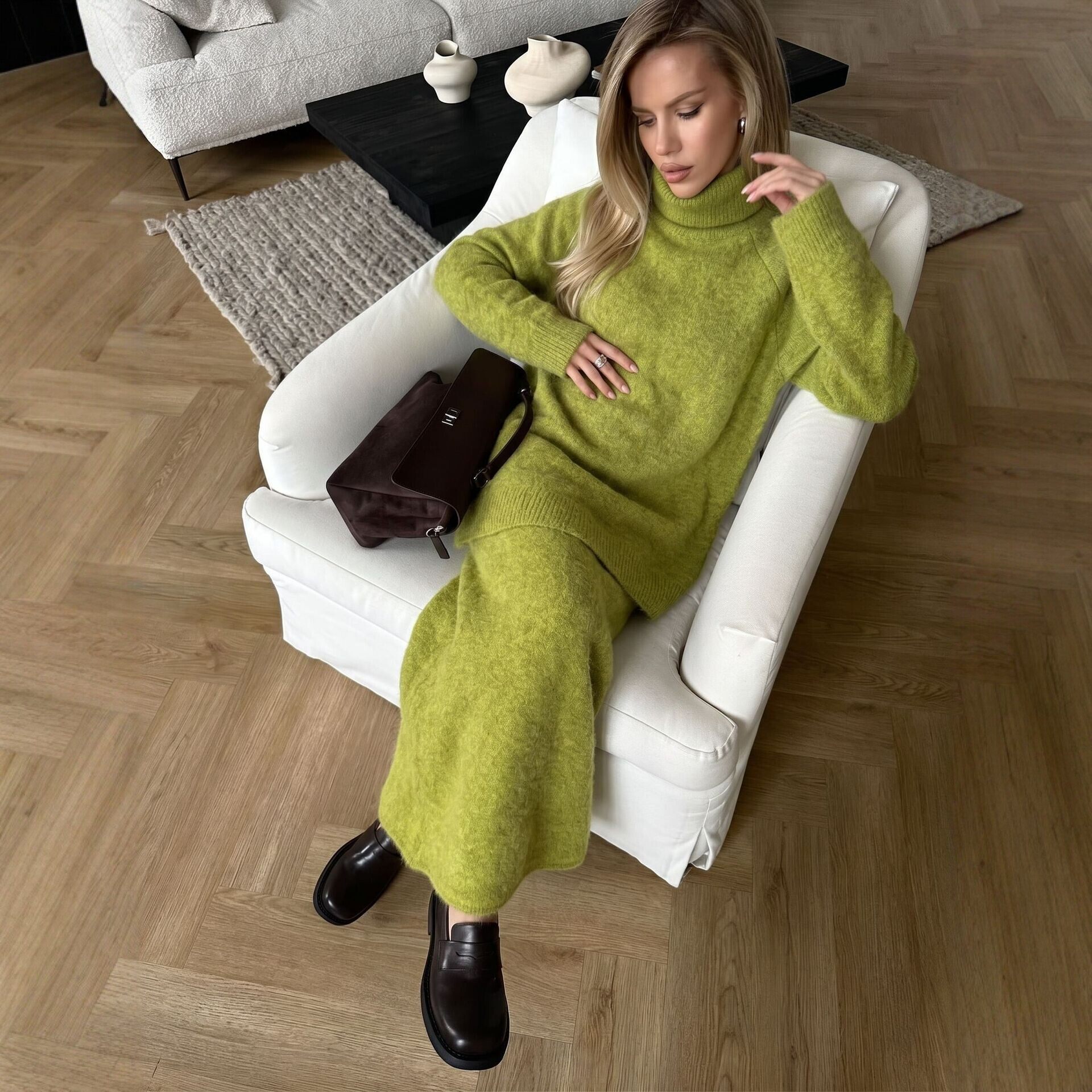 Womens Loose Knit Sweater and Wide Leg Pants Set Wool Blend Autumn Winter Casual Style Wholesale Available