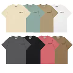 Long Line ESSENTIALS Flocking Letter Small Label Round Neck Short Sleeve T-Shirt Loose Base Shirt for Men and Women Couple