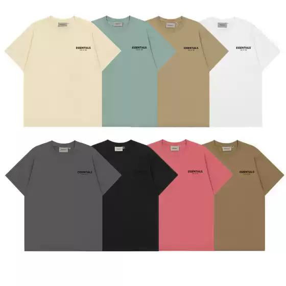 Long Line ESSENTIALS Flocking Letter Small Label Round Neck Short Sleeve T-Shirt Loose Base Shirt for Men and Women Couple
