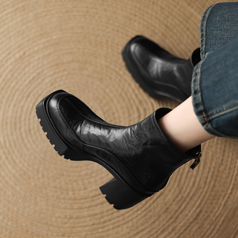Boot nữ da bò mũi vuông gót thô 8cm đế cao su chống trượt — Lớp lót đơn màu đen, Lớp lót đơn màu nâu, Lót nhung đen, Lót nhung màu nâu