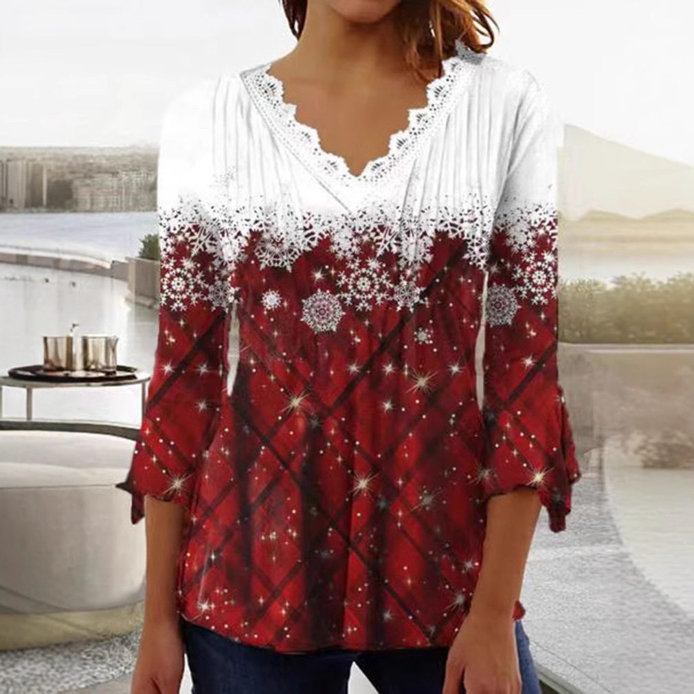 V Neck Long Sleeve Top Snowflake Print Plaid Design Autumn Winter Style Wholesale Available bulk order