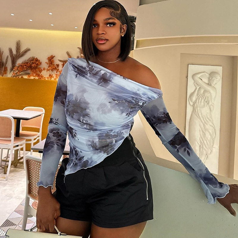Tie Dye Off Shoulder Long Sleeve T Shirt Irregular Print Trendy Design Casual Style Wholesale Available