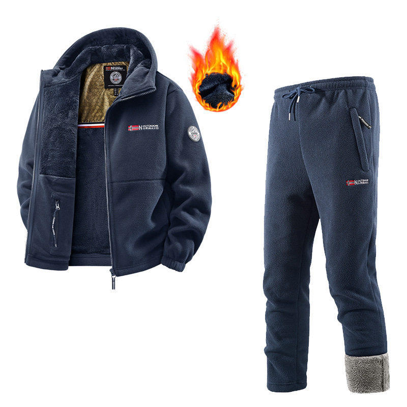 出口挪威大码保暖加厚双层带帽摇粒绒外贸跨境欧码加绒卫衣卫裤潮