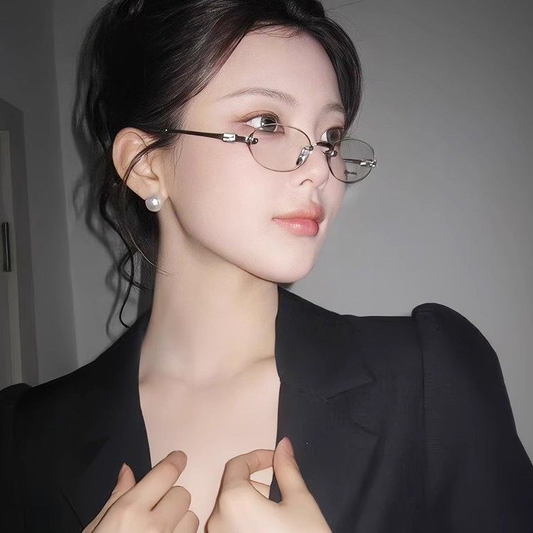 Photochromic Rimless Glasses Korean Style Retro Cross-Border Trendy Round Anti-Blue Light Flat Frame High-End Fashion Glasses
