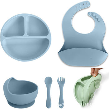 Silicone Tableware suit Baby's Supplementary Food Anti-fall Bowl Baby's Silicone Bib Fork Spoon Children's Dining Plate Bowl