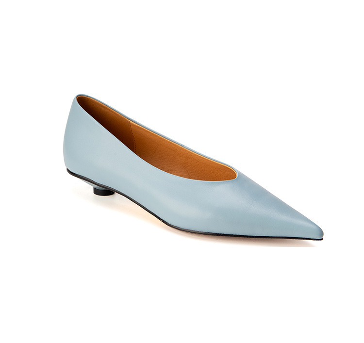 Giày cao gót nữ mũi nhọn gót thô 3cm da bò thật, giày slip-on thanh lịch dễ phối đồ — Chu Guli, Màu trà sữa, màu xanh mờ