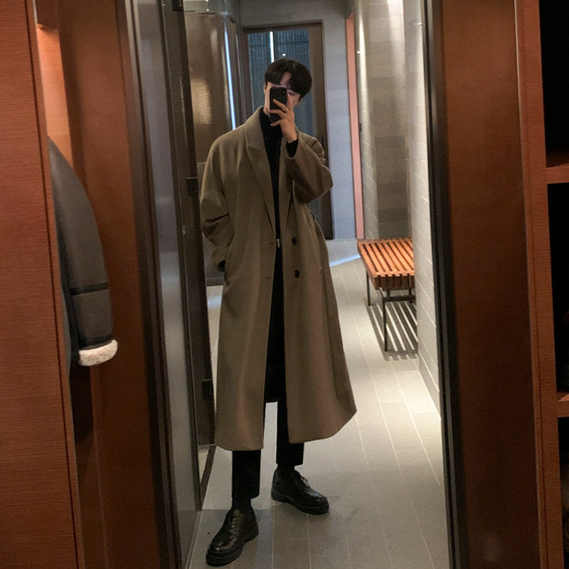 Mens Wool Overcoat Thick Warm Fabric Loose Fit Knee Length Vintage Style for Autumn Winter