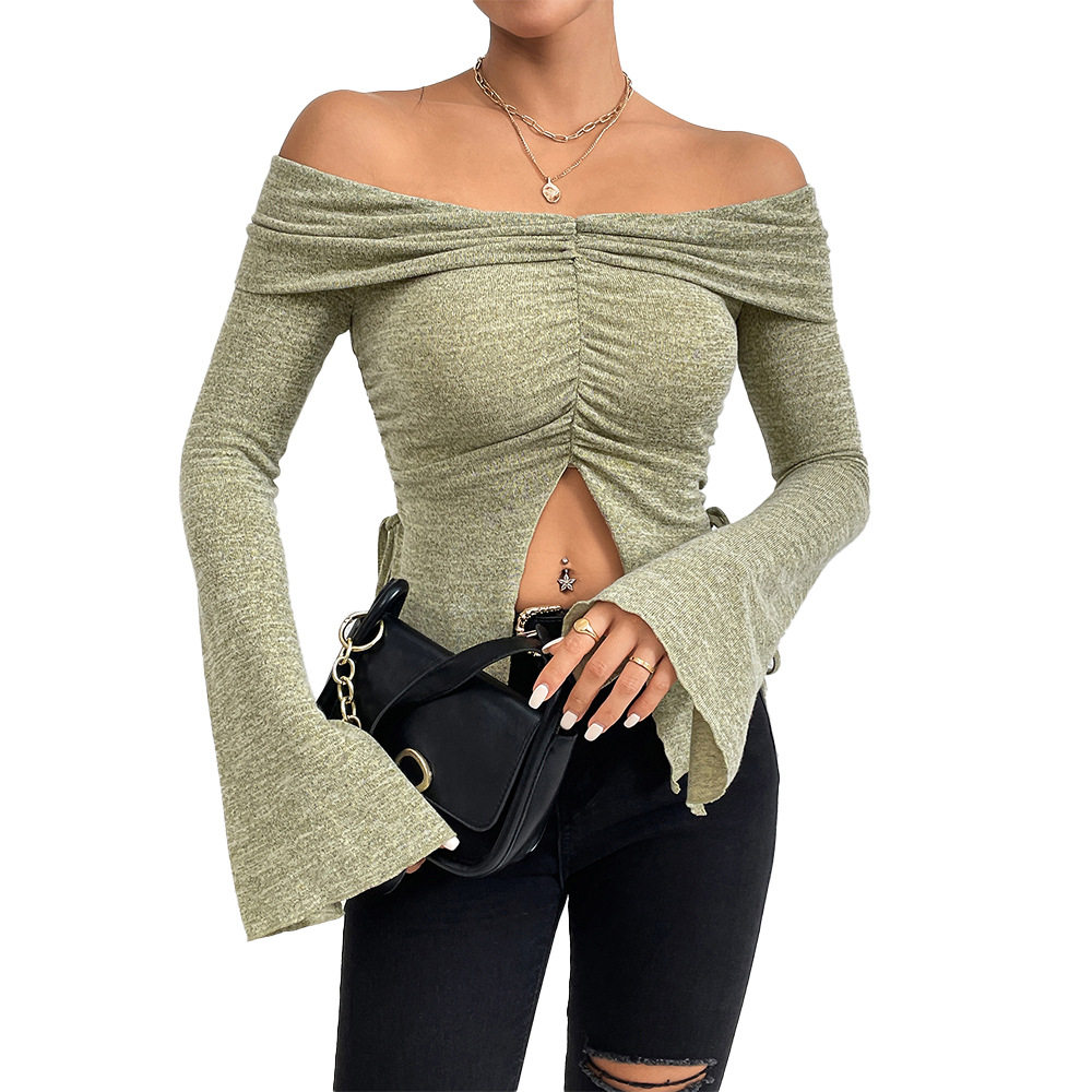 Off Shoulder Knit Top Long Sleeve Bell Sleeve Split Design Fall Winter Fashion for Women Wholesale Available