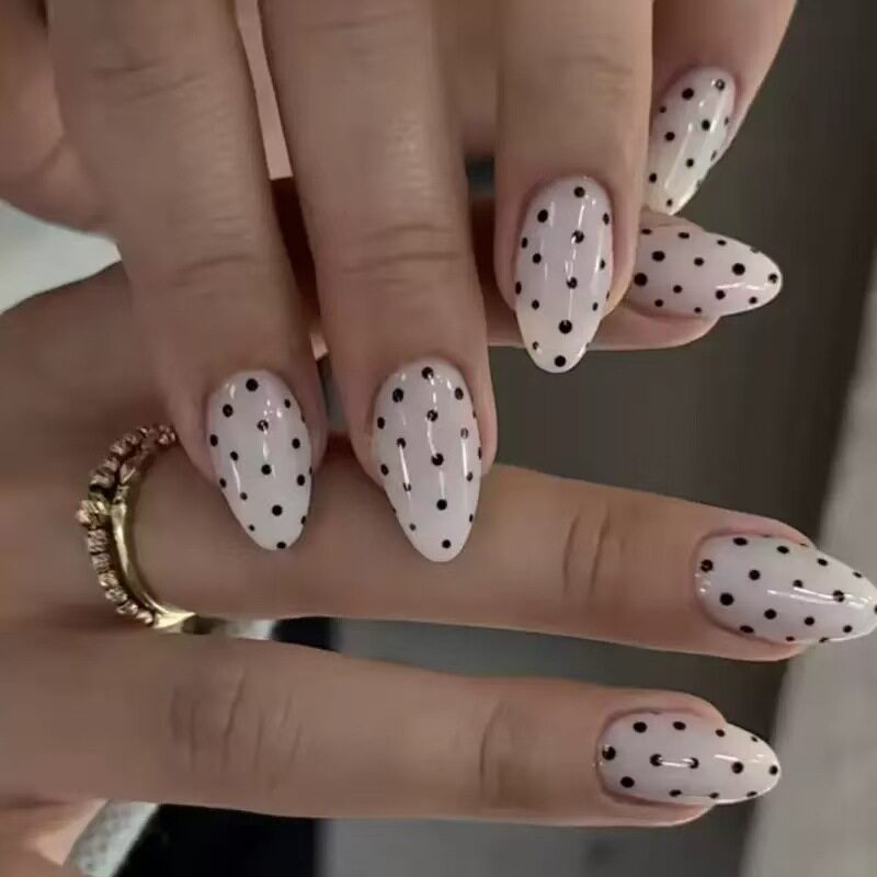New White Background Black Polka Dot Manicure Black Long Almond Shaped Manicure Fake Nails Wholesale 24 Pieces in Box