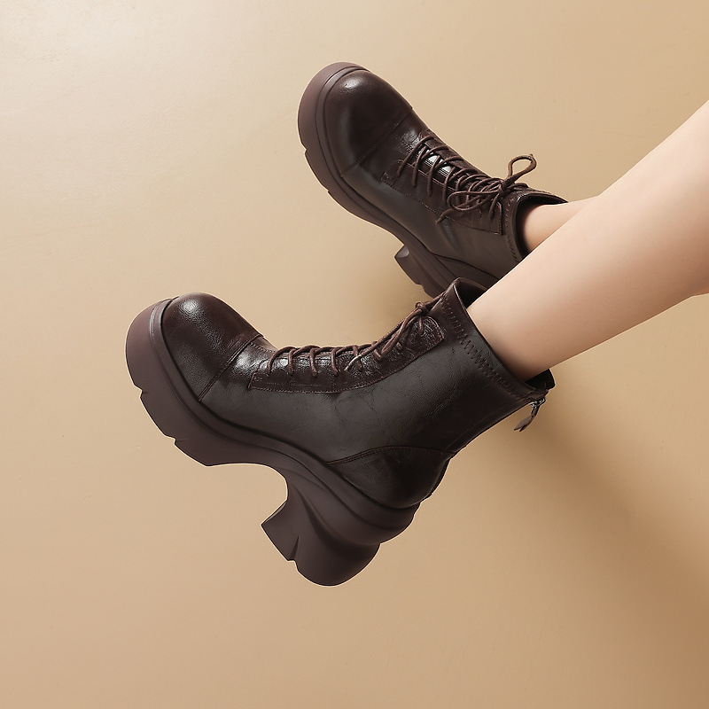 Boot nữ cổ thấp gót 10cm đế dày co giãn khóa kéo sau — Bảng màu nâu, Màu đen bên trong, Màu nâu., Trong danh sách đen