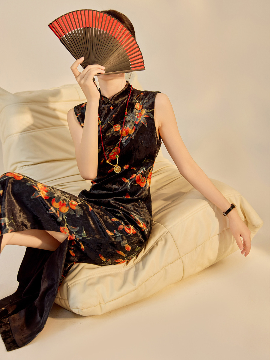 Đầm dài cổ đứng không tay thêu hoa họa tiết thanh lịch — Mực lụa đen (giao hàng trong 7 ngày), Mực lụa đen (giao hàng trong ngày)