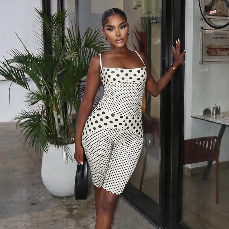 Vintage Polka Dot Print Womens Summer Set Sexy Fitted Cami Top with High Waisted Shorts Casual Wear for Summer