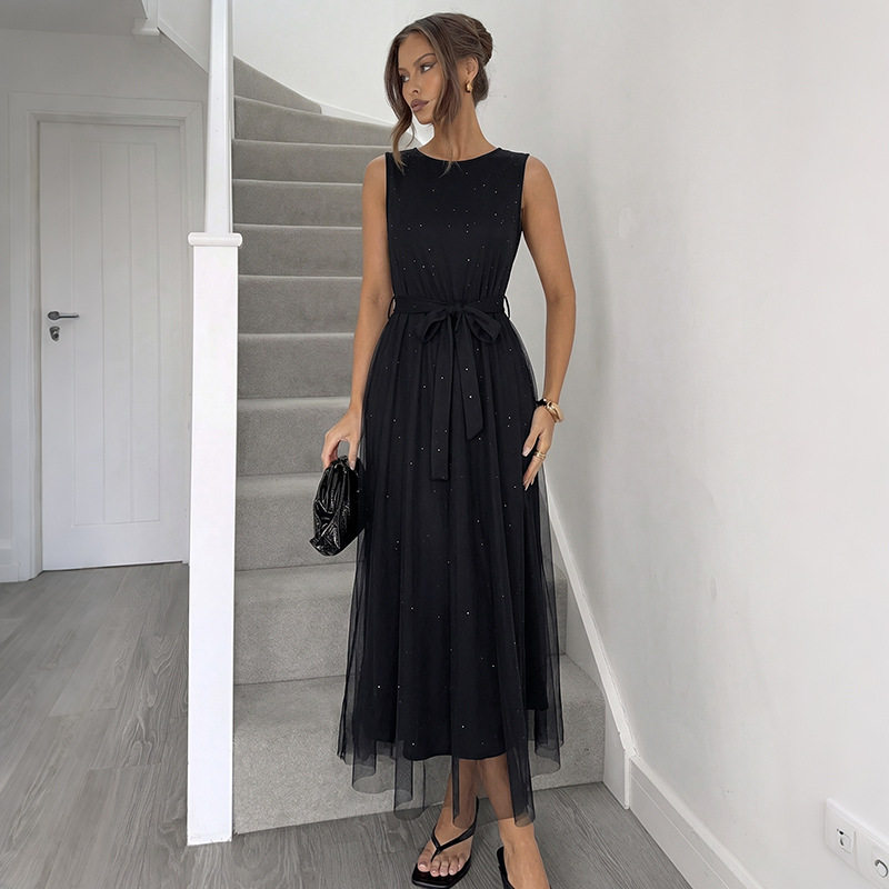Elegant Black Mesh Sleeveless Dress Waist Defining Lightweight Chic Design Perfect for Evening Events OEM Available