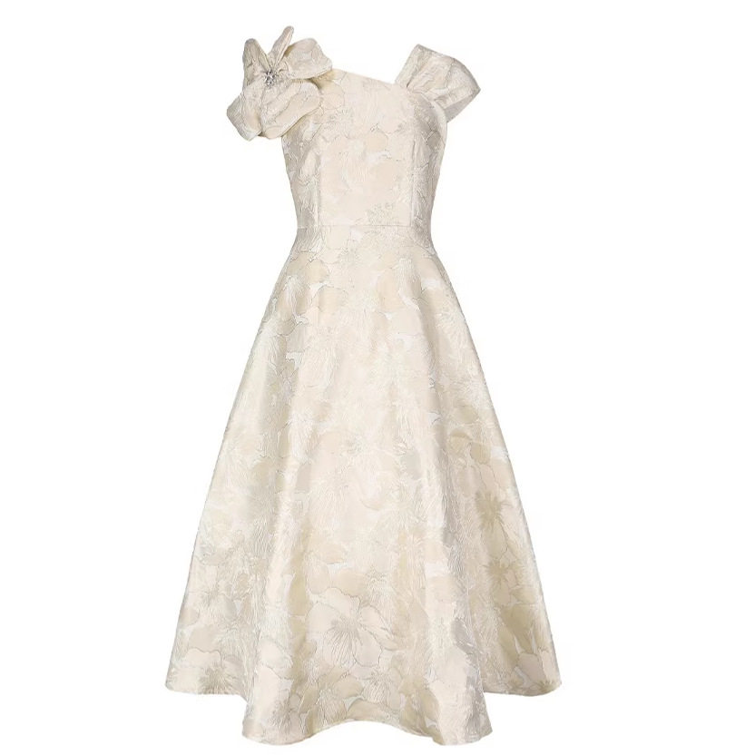 French Embroidered A Line Dress 3D Floral Design High Waist Elegant Summer Style Perfect for Work or Casual