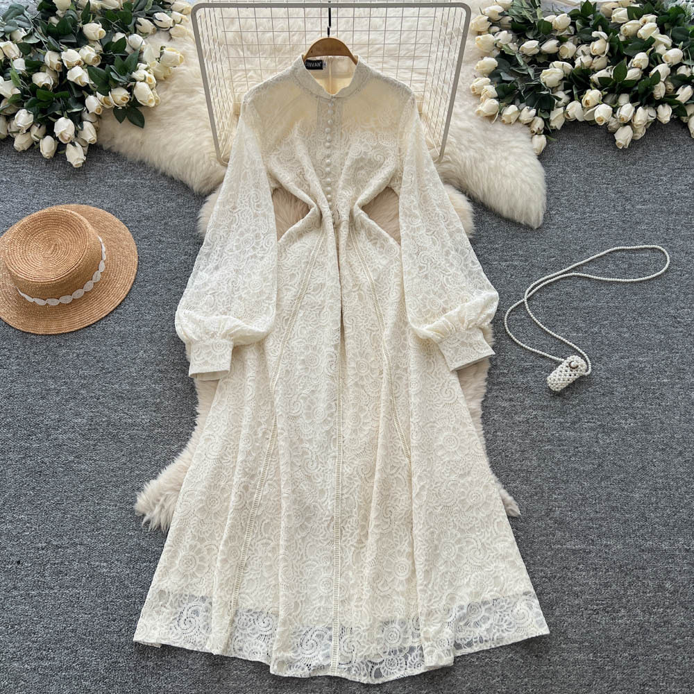 French Court Style Dress Elegant Lace Slim Fit Single Breasted Long Sleeve Autumn Fashion for Women Wholesale