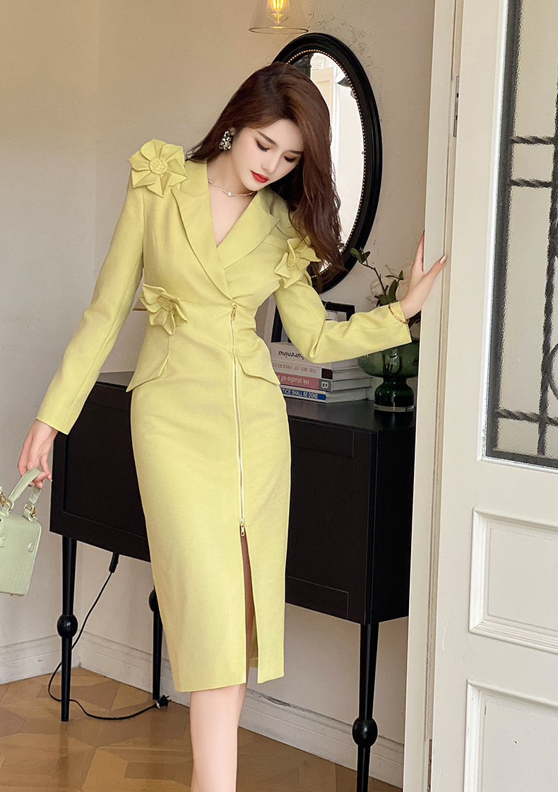 Đầm dạ hội nữ dài tay thiết kế hoa nổi 3D khóa kéo xẻ tà — Màu vàng sáng
