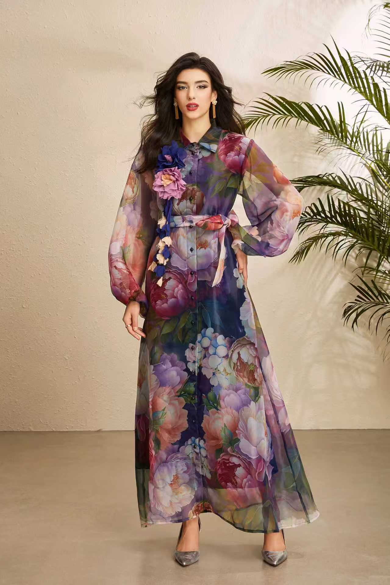 Vintage Floral Print Puff Sleeve Maxi Dress for Women Autumn Waist Tie Design Elegant Style Wholesale Available
