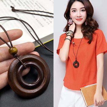 New double circle wooden sweater chain long artistic retro Mori women's necklace ethnic style spring and summer cotton and linen necklace