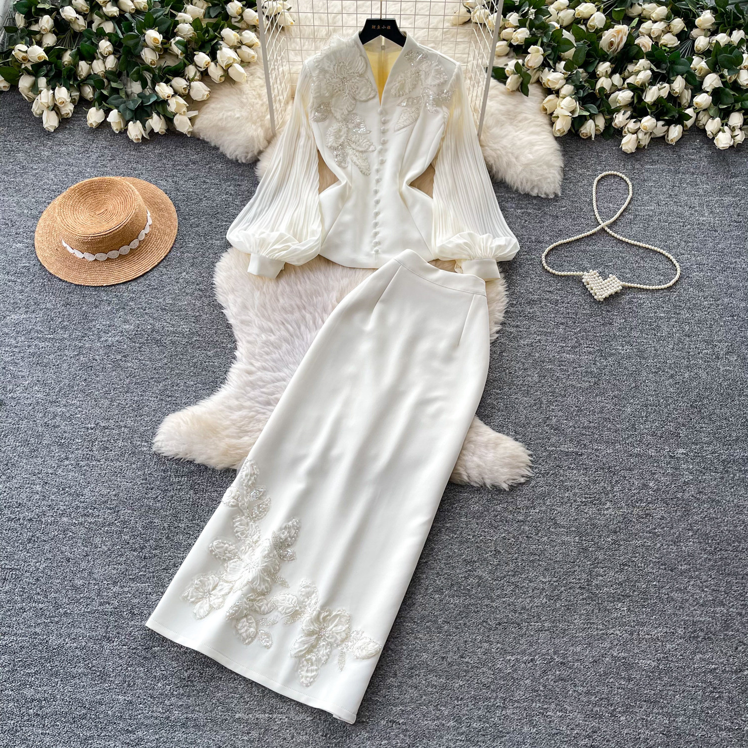 Elegant Two Piece Set V Neck Lace Top with Beading High Waisted Skirt Sophisticated Style for Formal Occasions