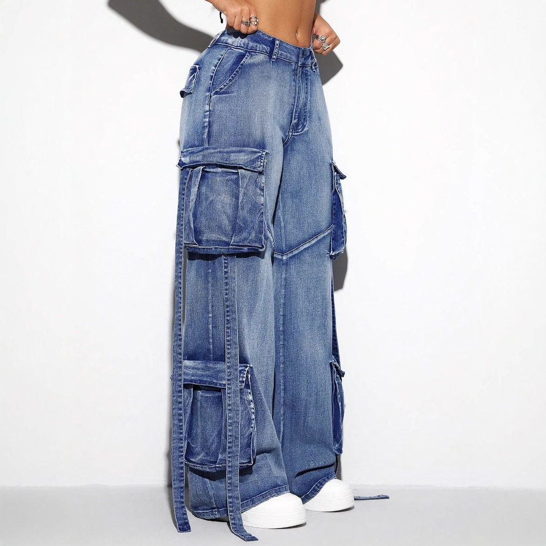 Womens Vintage Multi Pocket Stretch Casual Denim Overalls Retro Style European and American Fashion Wholesale Available