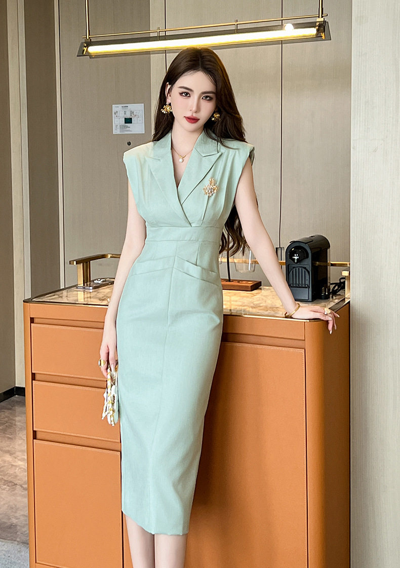Đầm ôm body nữ cổ vest tay ngắn, chất liệu polyester phối sợi spandex, dáng ôm eo, có khóa kéo sau lưng — [Xanh xám] chi tiết 3