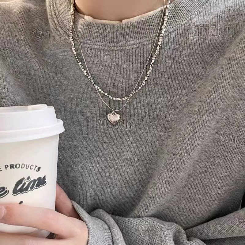 Simple Silver Small Square Double-Layer Love Necklace Women's ins Short Heart-Shaped Pendant Niche Design Clavicle Chain
