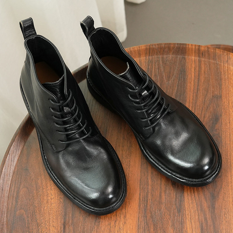 Giày Boot Nam Da Thật Cổ Ngắn Oxford Chiều Cao Đế Khoảng 3cm Màu Đen