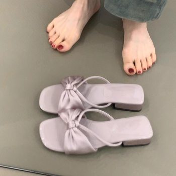 Niche Edition ~ Korean Gentle Bow Sweet Slippers Women's Thick Heel Satin Slip-on Skirt Sandals