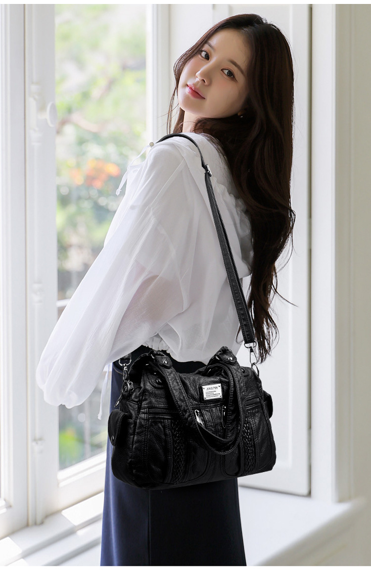Túi xách nữ da mềm dáng đứng đeo vai và đeo chéo phong cách retro — màu đen, Màu nâu, màu xám