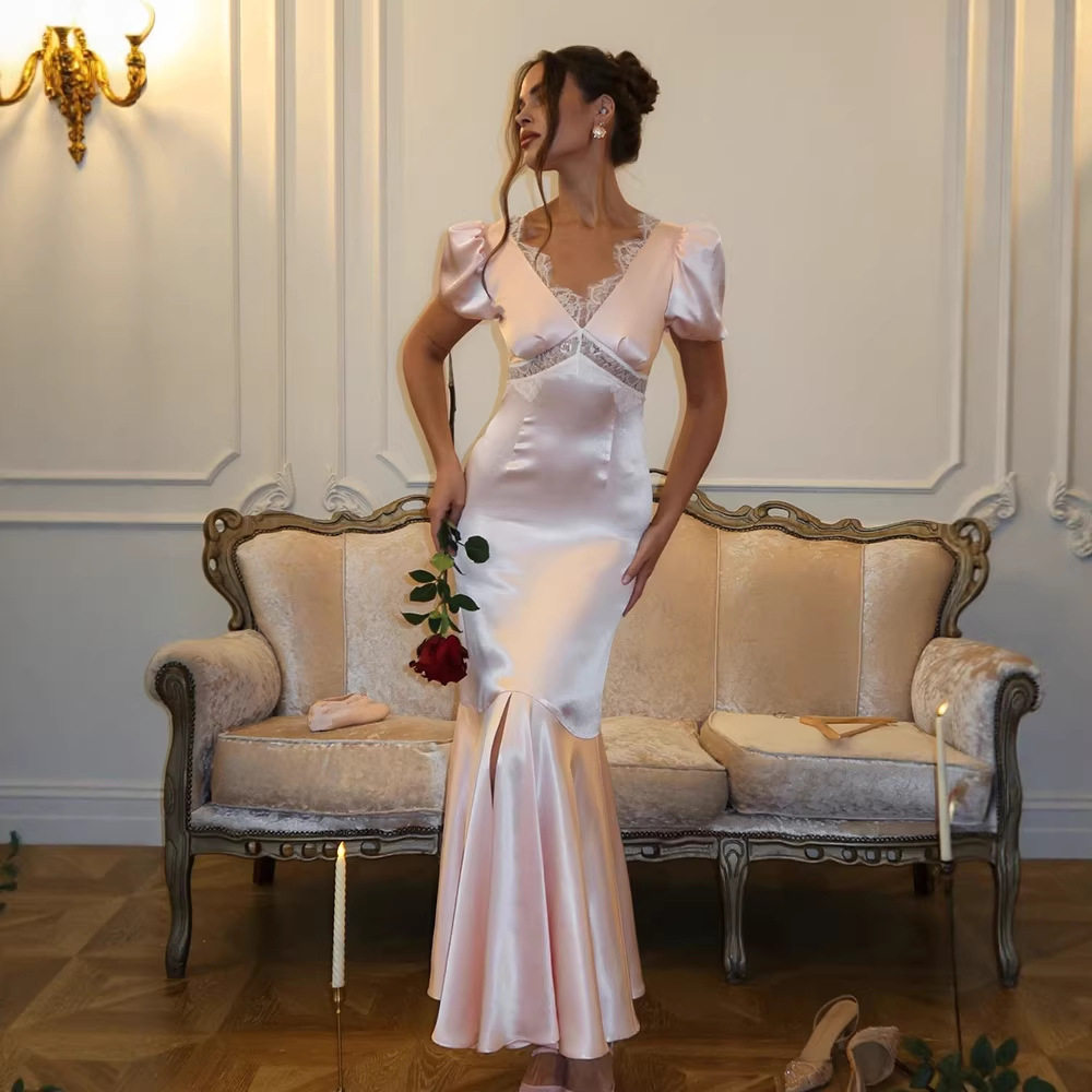 Elegant Mermaid Dress V Neck Lace Panel Bodycon Fit French Court Style for Formal Events Wholesale Available