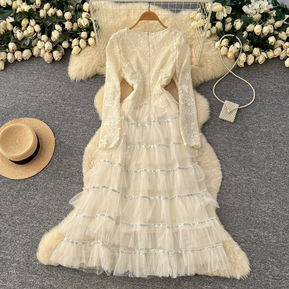 Korean Style Square Neck Long Sleeve Dress Beaded Lace Panel High Waist Embroidered A Line Elegant Office Wear