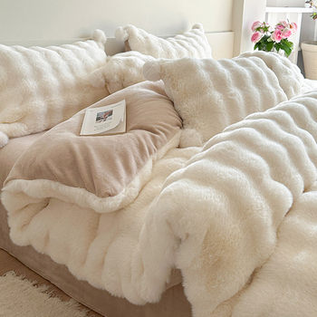 Winter Warm Rex Rabbit Hair Bubble Milk Velvet Four-piece Light Luxury Solid Color fleece-lined Thickened Quilt Cover Bedding