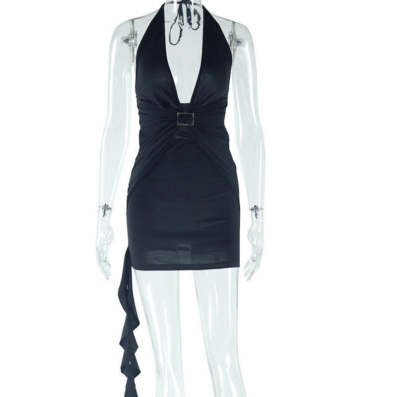 Elegant Deep V Neck Halter Dress Solid Color Backless Bodycon Fit Perfect for Parties and Special Occasions