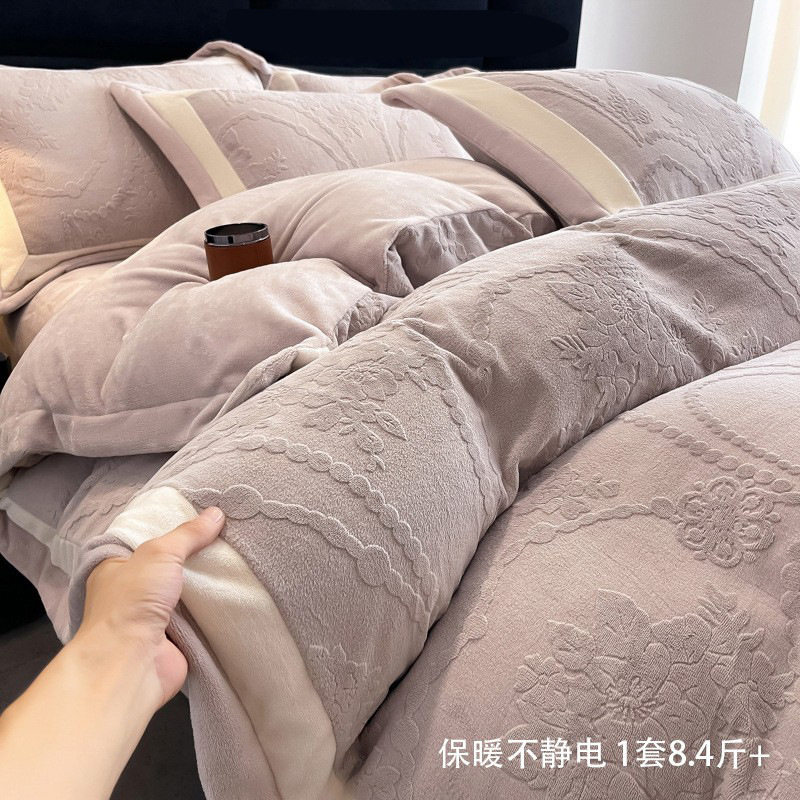 Class a Autumn and Winter Milk Velvet Four-Piece Set 7D Carved Velvet Warm Quilt Cover Winter Thickeneded Double-Sided Velvet Bedding
