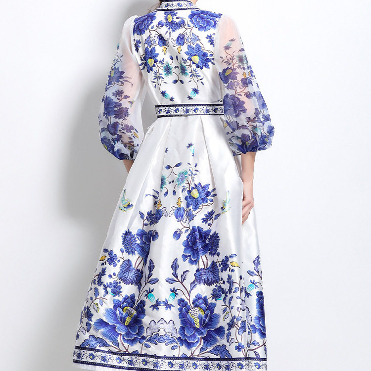 Vintage Inspired V Neck Lantern Sleeve Dress Crossed Waist Tie Sheer Fabric Floral Print Flared Hem Elegant Evening