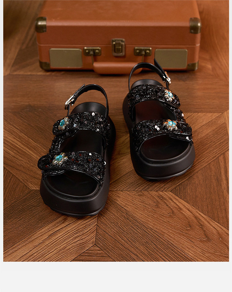 Sandal nữ quai chữ V đế dày chống trượt phong cách thành thị — Đen, Bạc chi tiết 20