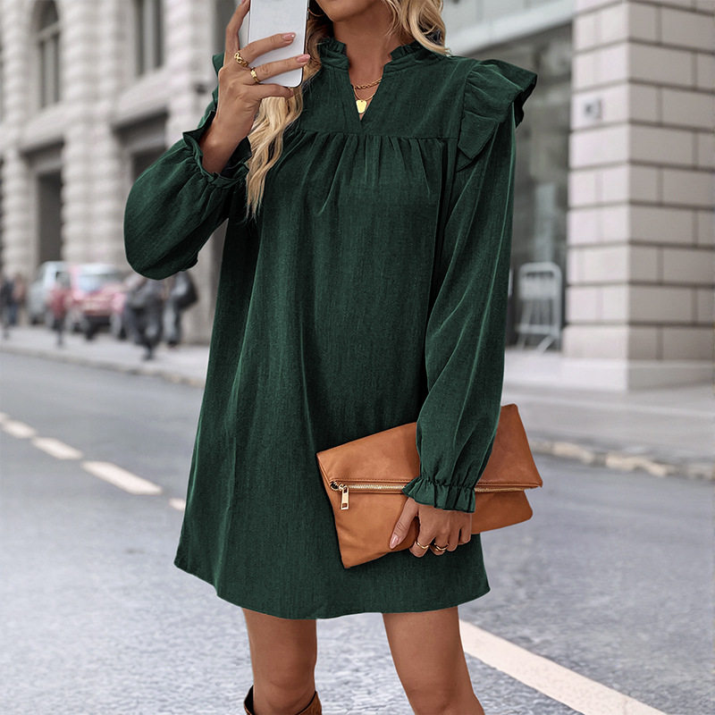 Long Sleeve Ruffle Hem Dress Loose Fit Solid Color Stand Collar Casual Wear Spring Fall Wholesale Available