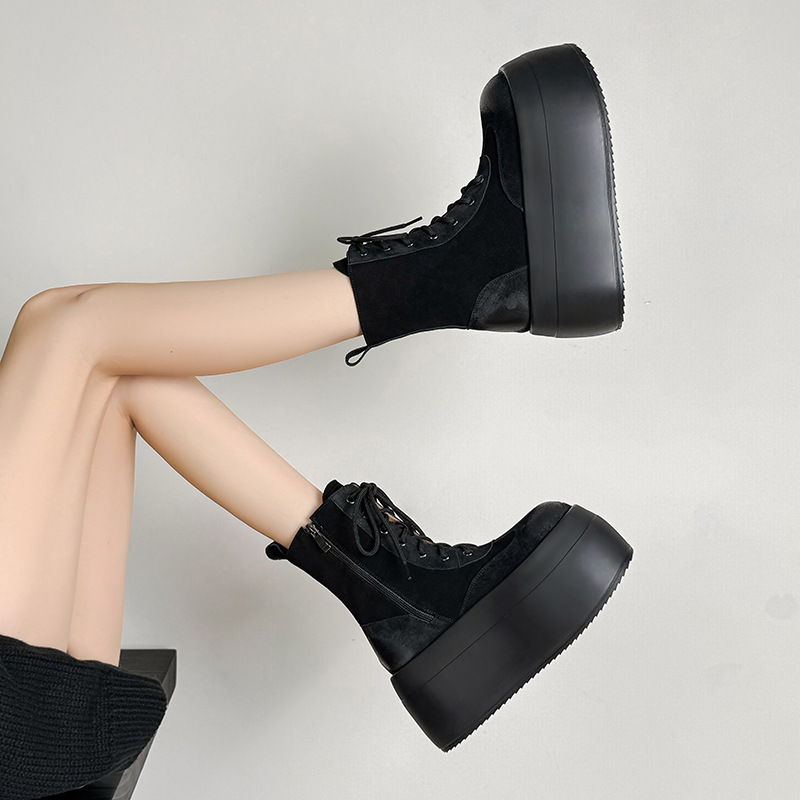 Boot Martin nữ đế dày 8.5cm cổ ngắn dây buộc phối màu da lộn — Lớp lót đơn màu be, Lớp lót đơn màu đen, Lót nhung đen, Lót nhung màu be
