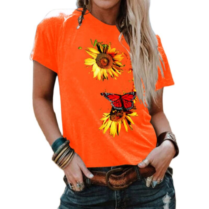 Plus Size Womens Short Sleeve T Shirt Sunflower Butterfly Print Casual Round Neck Top Wholesale Available